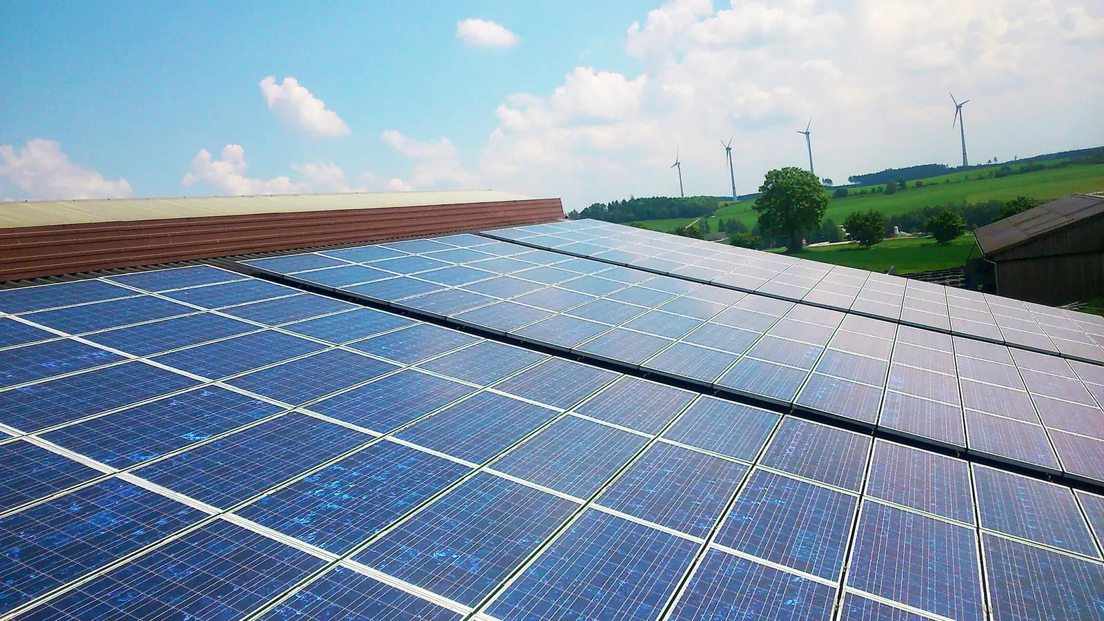 Photovoltaikmodule auf einem Hallendach, im Hintergrund Windräder